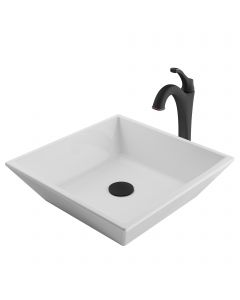 Square Vessel 16" Ceramic Bathroom Sink in White w/ Arlo Vessel Faucet and Pop-Up Drain in Oil Rubbed Bronze