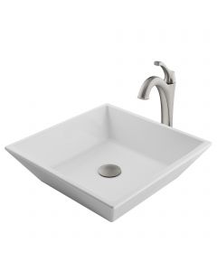 Square Vessel 16" Ceramic Bathroom Sink in White w/ Arlo Vessel Faucet and Pop-Up Drain in Stainless Brushed Nickel