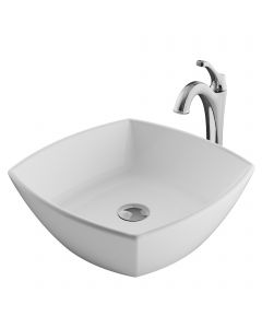 Square Vessel 16 1/2" Ceramic Bathroom Sink in White w/ Arlo Vessel Faucet and Pop-Up Drain in Chrome
