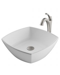 Square Vessel 16 1/2" Ceramic Bathroom Sink in White w/ Arlo Vessel Faucet and Pop-Up Drain in Stainless Brushed Nickel