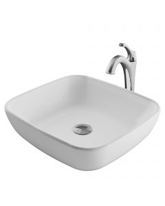 Square Vessel 18" Ceramic Bathroom Sink in White w/ Arlo Vessel Faucet and Pop-Up Drain in Chrome