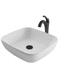 Square Vessel 18" Ceramic Bathroom Sink in White w/ Arlo Vessel Faucet and Pop-Up Drain in Matte Black