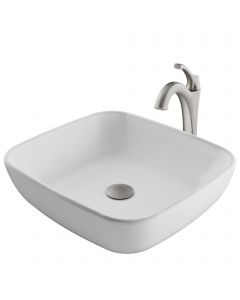 Square Vessel 18" Ceramic Bathroom Sink in White w/ Arlo Vessel Faucet and Pop-Up Drain in Stainless Brushed Nickel