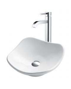 Modern Art Vessel 15 1/2" Ceramic Bathroom Sink in White w/ Vessel Faucet and Pop-Up Drain in Chrome