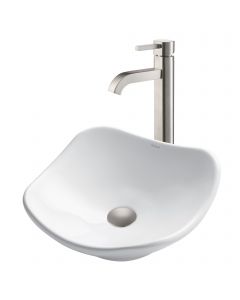 Modern Art Vessel 15 1/2" Ceramic Bathroom Sink in White w/ Vessel Faucet and Pop-Up Drain in Satin Nickel