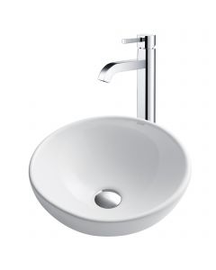 Round Vessel 16" Ceramic Bathroom Sink in White w/ Vessel Faucet and Pop-Up Drain in Chrome