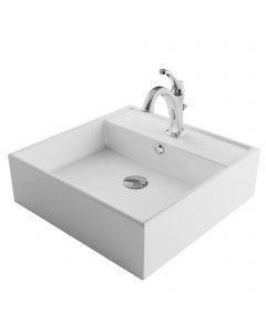 Square Vessel 18 1/2" Ceramic Bathroom Sink in White w/ Arlo Faucet and Lift Rod Drain in Chrome