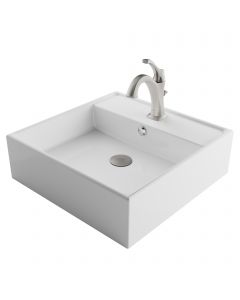 Square Vessel 18 1/2" Ceramic Bathroom Sink w/ Arlo Faucet and Lift Rod Drain in Stainless Brushed Nickel