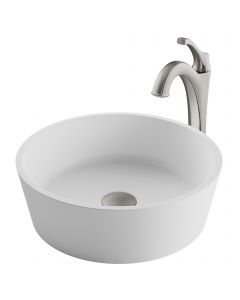 Round Vessel 15" Solid Surface Bathroom Sink in Matte White w/ Arlo Vessel Faucet and Pop-Up Drain in Stainless Brushed Nickel