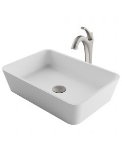 Rectangular Vessel 20" x 14" Solid Surface Bathroom Sink in Matte White w/ Arlo Vessel Faucet and Pop-Up Drain in Stainless Brushed Nickel