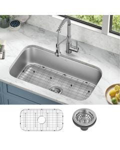 Kraus Premier 32" Undermount 16 Gauge Stainless Steel Double Bowl Kitchen Sink with accessories
