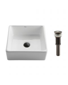 15" Square Vessel Ceramic Bathroom Sink in White with Pop-Up Drain in Oil Rubbed Bronze