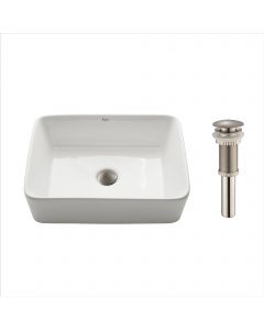 Rectangular Vessel 19" Ceramic Bathroom Sink in White w/ Pop-Up Drain in Satin Nickel