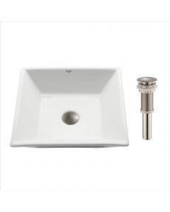 16" Square Vessel Ceramic Bathroom Sink in White with Pop-Up Drain in Satin Nickel