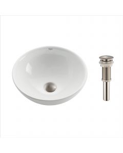 16" Round Vessel Ceramic Bathroom Sink in White with Pop-Up Drain in Satin Nickel