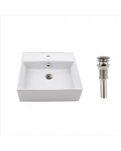 Square Vessel 18 1/2" Ceramic Bathroom Sink in White w/ Pop-Up Drain in Satin Nickel