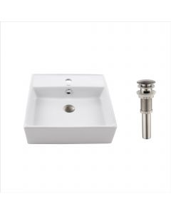 18 1/2" Square Vessel Ceramic Bathroom Sink in White with Pop-Up Drain in Satin Nickel