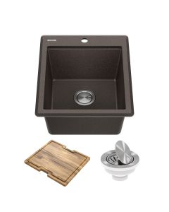Workstation 18” Drop-In Top Mount Granite Composite Single Bowl Kitchen Bar Sink in Metallic Brown with Accessories