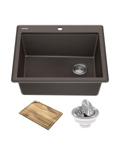 Workstation 25” Drop-In Top Mount Granite Composite Single Bowl Kitchen Sink in Metallic Brown with Accessories