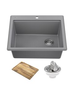 Workstation 25” Drop-In Top Mount Granite Composite Single Bowl Kitchen Sink in Metallic Grey with Accessories 