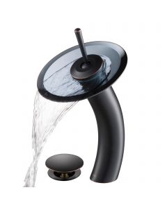 Waterfall Bathroom Faucet with Clear Black Glass Disk and Pop-Up Drain in Oil Rubbed Bronze