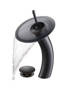 Waterfall Bathroom Faucet with Frosted Black Glass Disk and Pop-Up Drain in Oil Rubbed Bronze