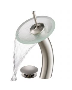 Waterfall Bathroom Faucet with Frosted Glass Disk and Pop-Up Drain in Satin Nickel