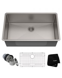 KRAUS Standart PRO™ 32-inch 16 Gauge Undermount Single Bowl Stainless Steel Kitchen Sink with accessories
