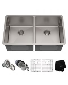 KRAUS Standart PRO™ 33-inch 16 Gauge Undermount 50/50 Double Bowl Stainless Steel Kitchen Sink with accessories
