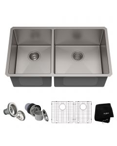 KRAUS Standart PRO™ 33-inch 16 Gauge Undermount 40/60 Double Bowl Stainless Steel Kitchen Sink with accessories
