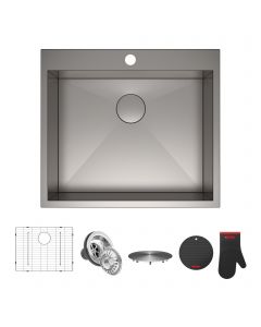 KRAUS Pax™ Zero-Radius 25-inch Single Bowl Stainless Steel Drop-In Kitchen Sink with 1 Pre-Drilled Hole with accessories
