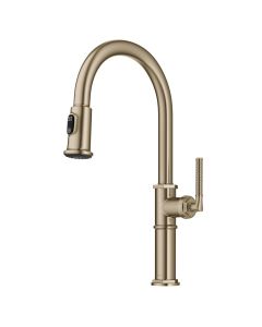 Traditional Industrial Pull-Down Single Handle Kitchen Faucet in Brushed Gold  