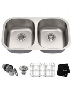 Kraus Premier Kitchen 32" Undermount 16 Gauge Stainless Steel 50/50 Double Bowl Sink with accessories
