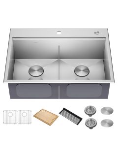 30" Drop-In / Top Mount Workstation 16 Gauge Stainless Steel Double Bowl Kitchen Sink with Accessories