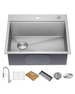 Loften 25" 18 Gauge Single Bowl Dual Mount Workstation Kitchen Sink w/ Bolden Commercial Pull-Down Faucet in Spot Free Stainless Steel