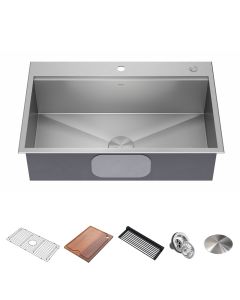 33" Drop-In Workstation 16 Gauge Stainless Steel Single Bowl Kitchen Sink with Accessories