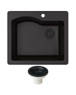 Quarza 25" Drop-In/Undermount Granite Single Bowl Kitchen Sink and Strainer in Black.