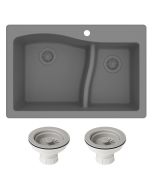 Quarza 33" Drop-In/Undermount Granite 60/40 Double Bowl Kitchen Sink and Strainers in Grey.