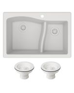 Quarza 33" Drop-In/Undermount Granite 60/40 Double Bowl Kitchen Sink and Strainers in White.