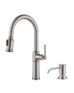 Traditional Single Handle Pull-Down Kitchen Faucet with Soap Dispenser and Deck Plate in Spot Free Stainless Steel