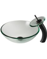 Clear Glass Vessel 16 1/2" Bathroom Sink w/ Waterfall Faucet and Pop-Up Drain in Oil Rubbed Brinze