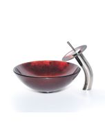 Irruption Red Glass Vessel 16 1/2" Bathroom Sink w/ Waterfall Faucet and Pop-Up Drain in Satin Nickel