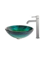 Green Glass Vessel 17" Bathroom Sink w/ Vessel Faucet and Pop-Up Drain in Satin Nickel