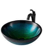 Green Glass Vessel 17" Bathroom Sink w/ Arlo Vessel Faucet and Pop-Up Drain in Matte Black
