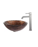 Brown Glass Vessel 17" Bathroom Sink w/ Vessel Faucet and Pop-Up Drain in Satin Nickel