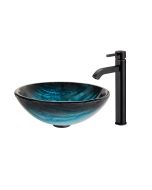 Blue Glass Vessel 17" Bathroom Sink w/ Vessel Faucet and Pop-Up Drain in Oil Rubbed Bronze