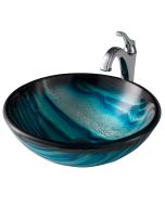 Blue Glass Vessel 17" Bathroom Sink w/ Arlo Vessel Faucet and Pop-Up Drain in Chrome