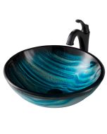 Blue Glass Vessel 17" Bathroom Sink w/ Arlo Vessel Faucet and Pop-Up Drain in Matte Black