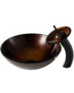 Copper Brown Glass Vessel 16 1/2" Bathroom Sink w/ Waterfall Faucet and Pop-Up Drain in Oil Rubbed Bronze