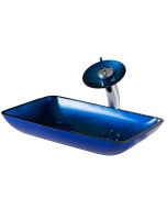 Blue Rectangular Glass Vessel 22" Bathroom Sink w/ Waterfall Faucet and Pop-Up Drain in Chrome